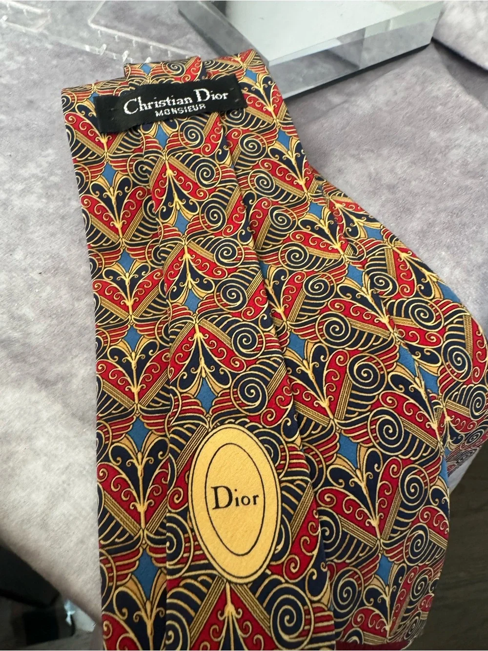 Dior Mens Vibrant‎ Silk Red, Blue and Gold Ornate Silk Tie